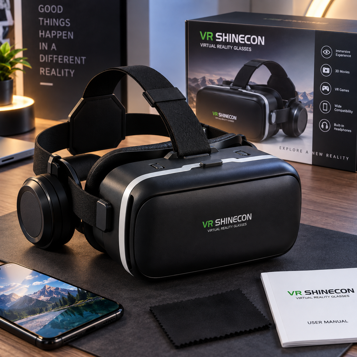 SwipShop Immersive VR Headset with Built-in Headphones | 3D Virtual Reality Glasses for Smartphones